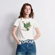 Camiseta Feminina de Algodão com Estampa Floral e Pássaros