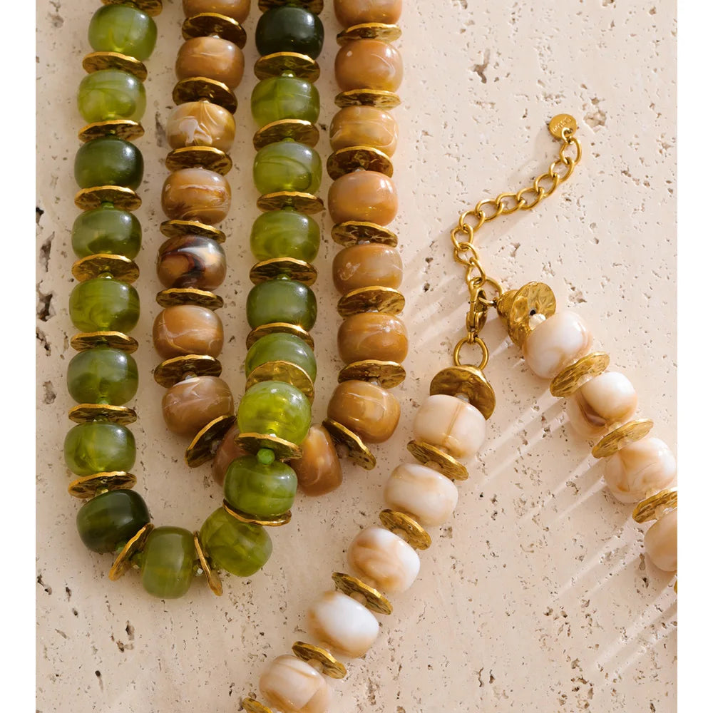 Yhpup Exclusive Resin Beads & Spacer Chain Handmade Statement Necklace 2025 Stainless Steel Waterproof Fashion Jewelry Gift