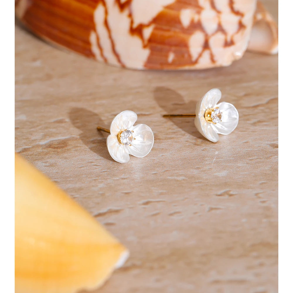 Yhpup Resin Zirconia Flower Sweet Stud Earrings for Women Stainless Steel Trending Daily Korean Fairy Jewelry Gift Bijoux Femme
