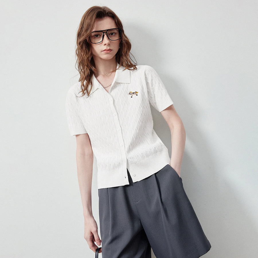 Blusa Feminina Polo de Tricô com Bordado Pônei