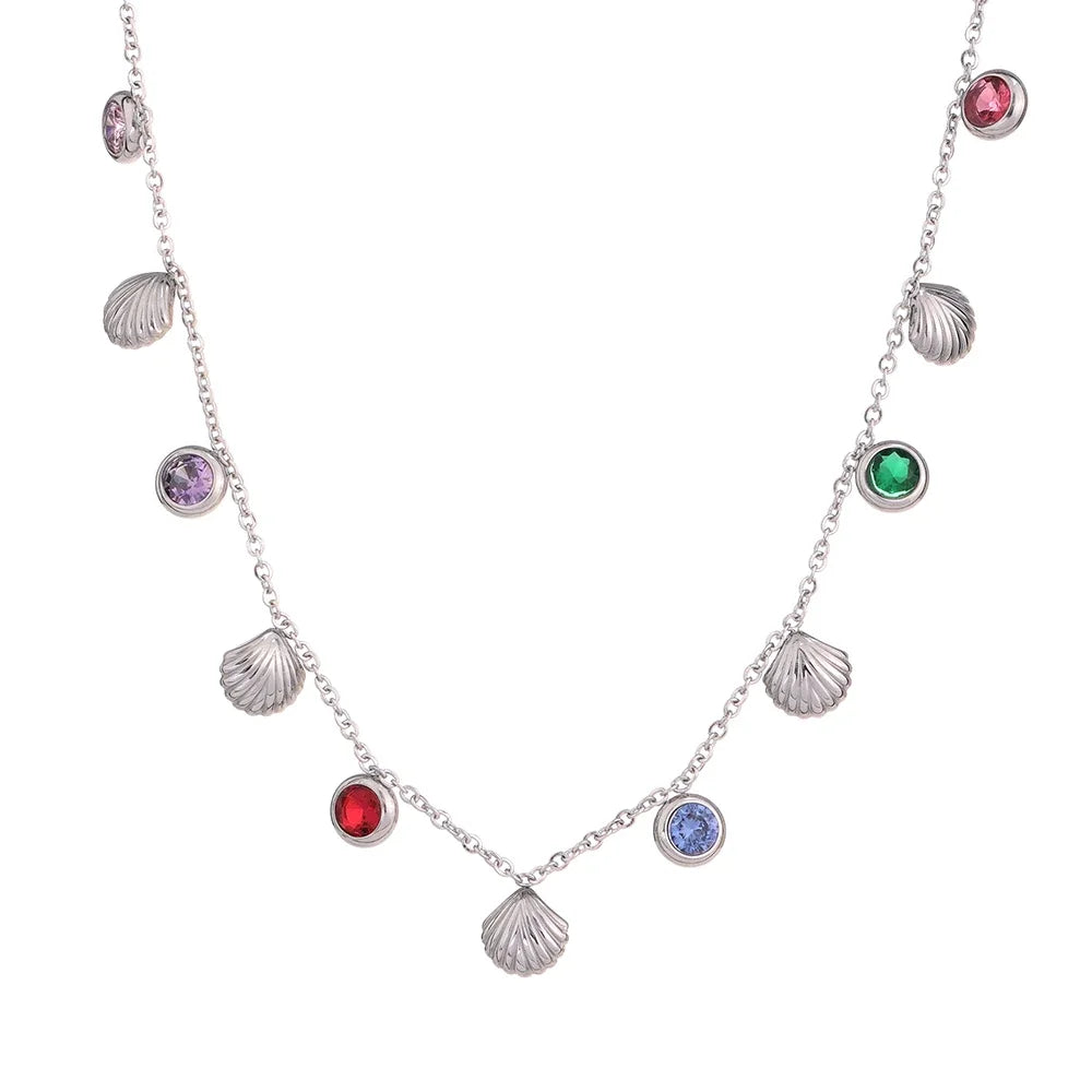 Colar Feminino Gota com Zircônias Coloridas em Aço Inoxidável 4 Prata Colorido