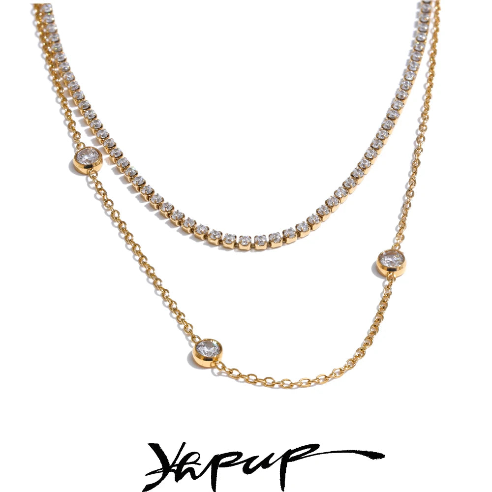 Yhpup New Arrivals Stainless Steel Double Layer Cubic Zirconia Chain Necklace for Women Temperament Delicate Premium Jewelry