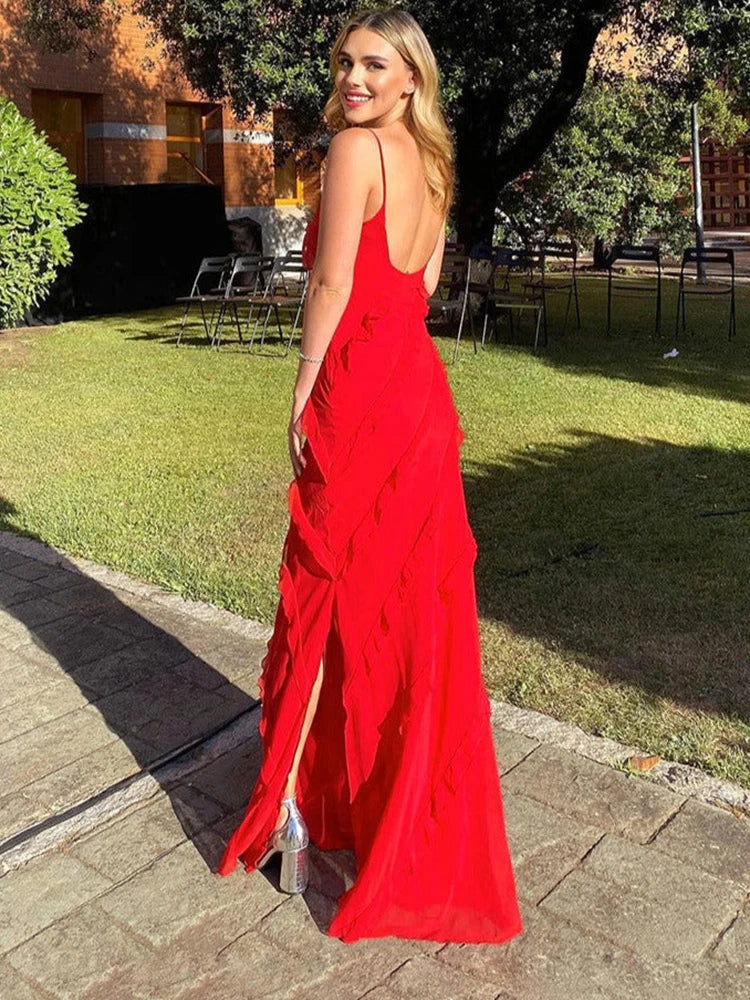 Vestido Longo Feminino de Chiffon com Babados