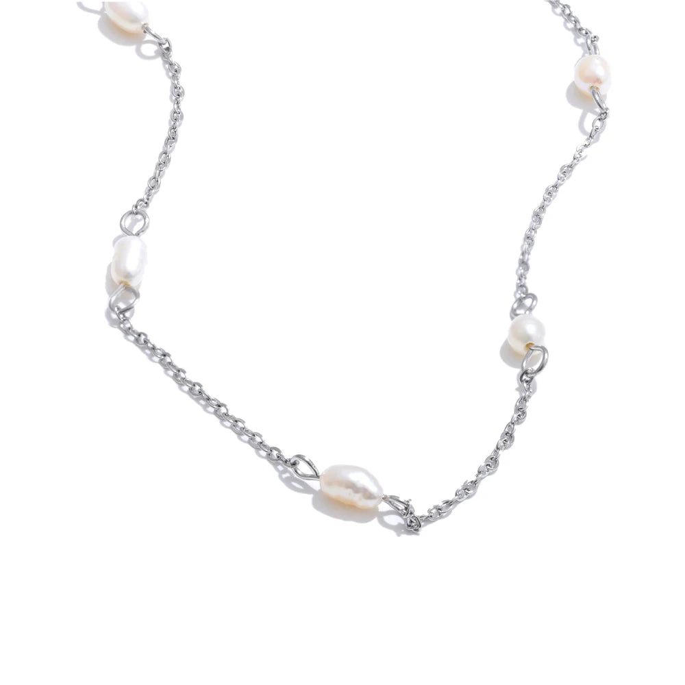 Colar Feminino Gota com Pérola em Aço Inoxidável 15 YH2003A Platinum