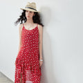 Vestido de Chiffon Floral Vermelho com Fenda e Babado