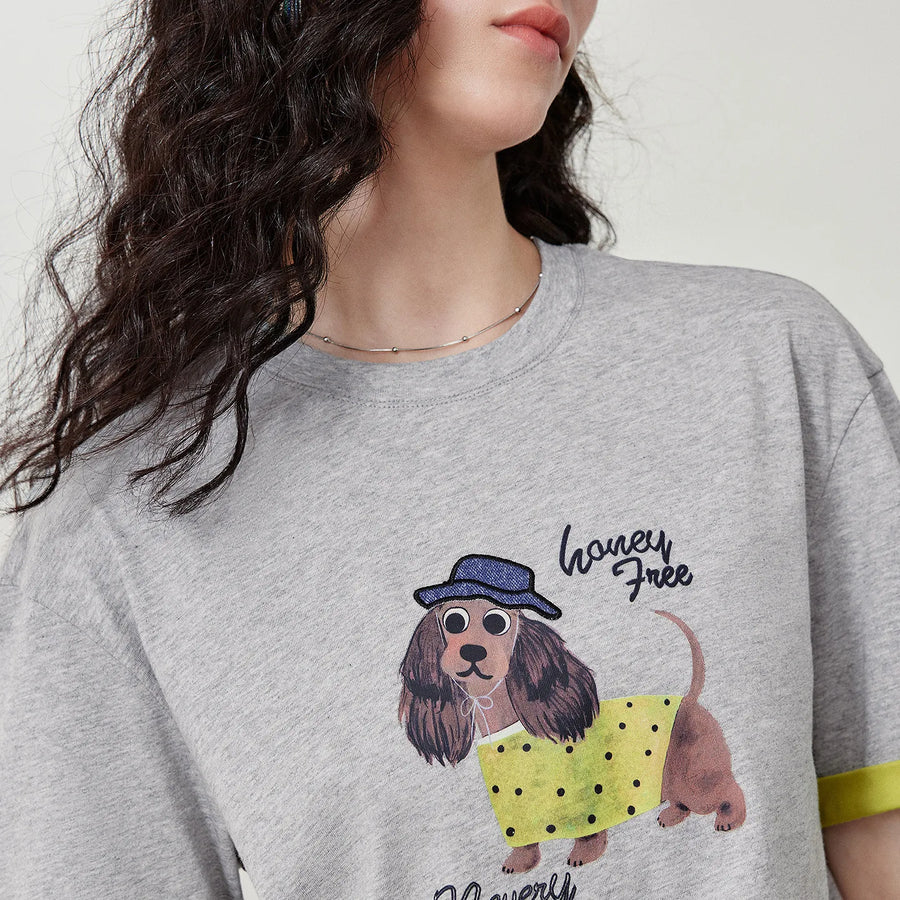 Camiseta Feminina 100% Algodão Color Block com Dachshund