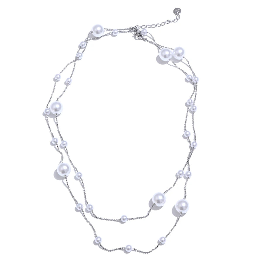 Yhpup 90+5 cm Elegant Simulated Pearl Beads Long Daily Sweater Chain Necklace 18K Golden Waterproof Chic Stainless Steel Jewelry YH4414A Platinum