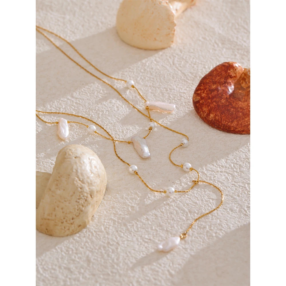 Colar Feminino de Camadas Gota com Pérola em Aço Inoxidável 2