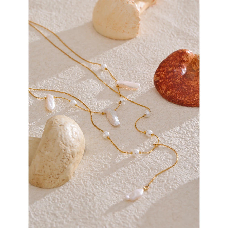 Colar Feminino de Camadas Gota com Pérola em Aço Inoxidável 2