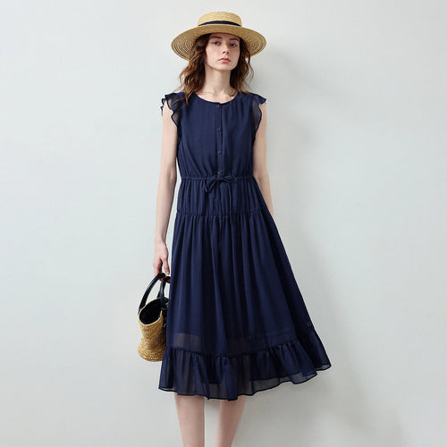 Vestido Midi de Chiffon com Babados e Cintura Marcada