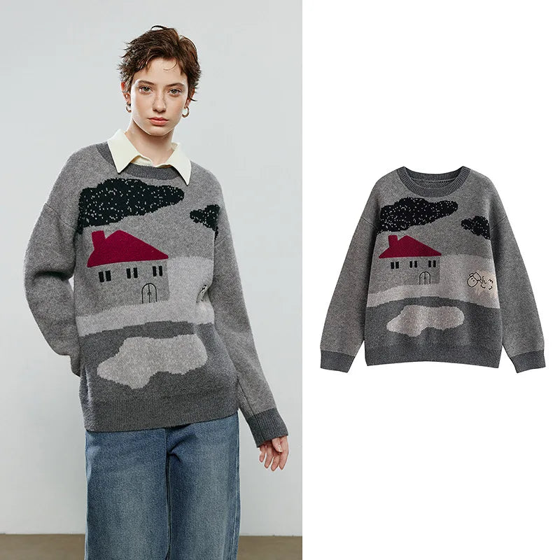 Suéter Peluciado com Jacquard de Nuvem e Casa