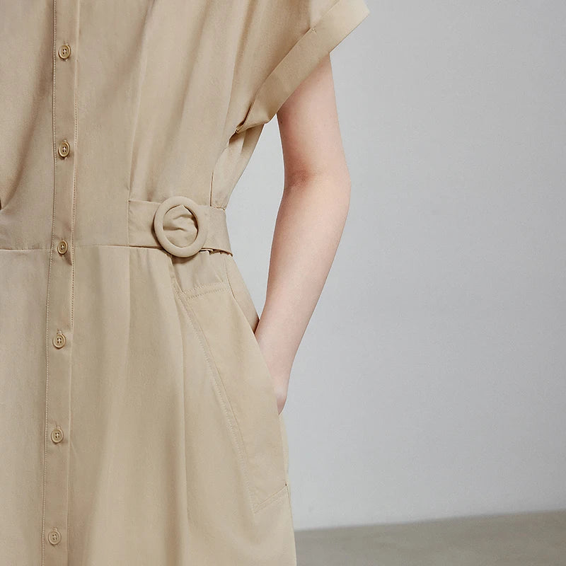 Vestido Chemise Midi em Liocel Manga Curta