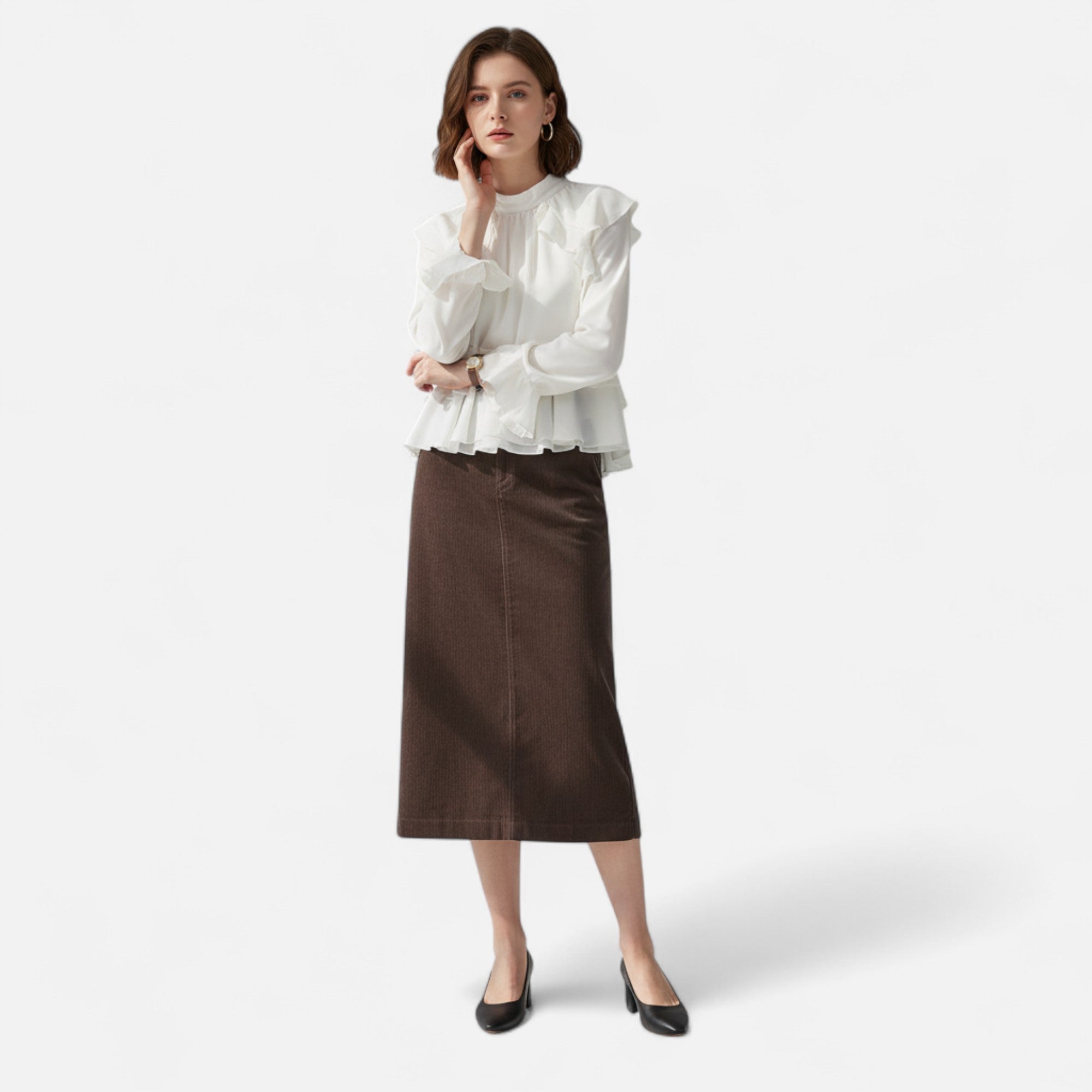 Saia Feminina Elegante de Veludo Cotelê Marrom