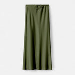Saia de Cetim Elegante de Cintura Alta para Mulheres Verde Escuro