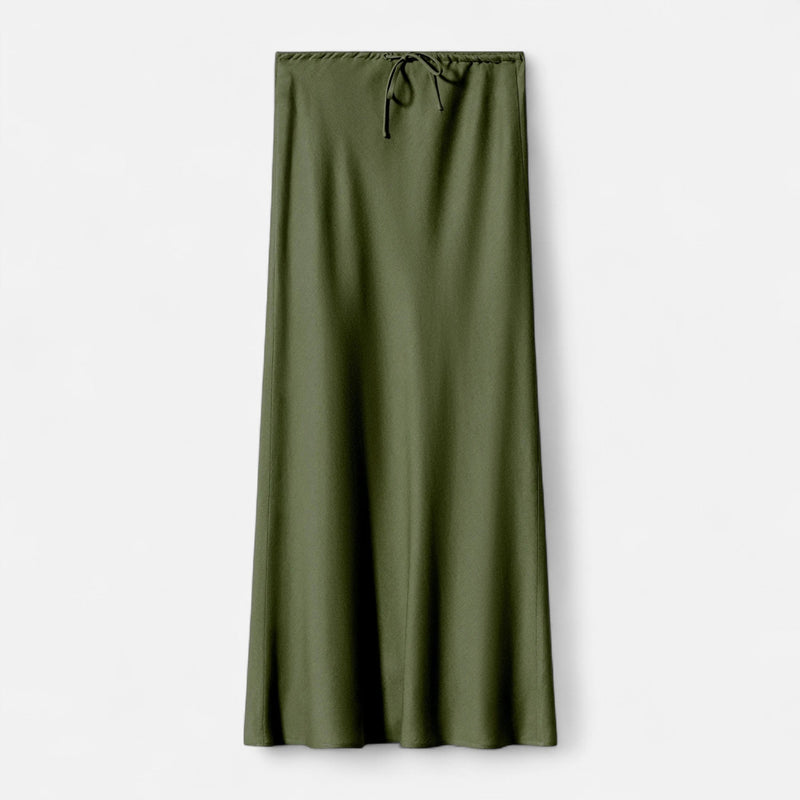 Saia de Cetim Elegante de Cintura Alta para Mulheres Verde Escuro