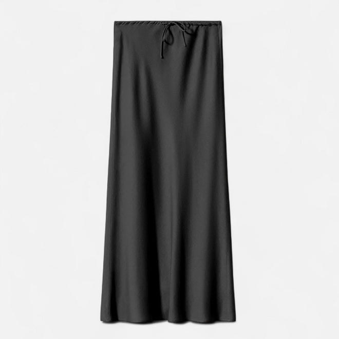 Saia de Cetim Elegante de Cintura Alta para Mulheres Preto
