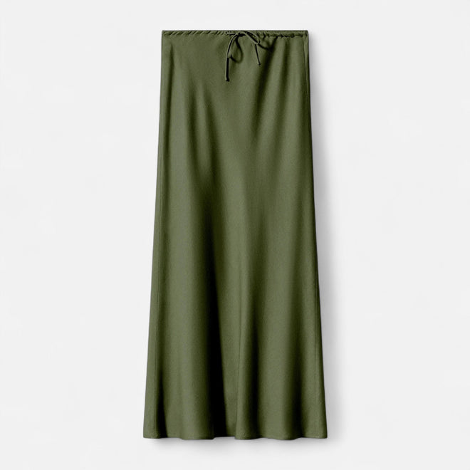 Saia de Cetim Elegante de Cintura Alta para Mulheres Verde Escuro