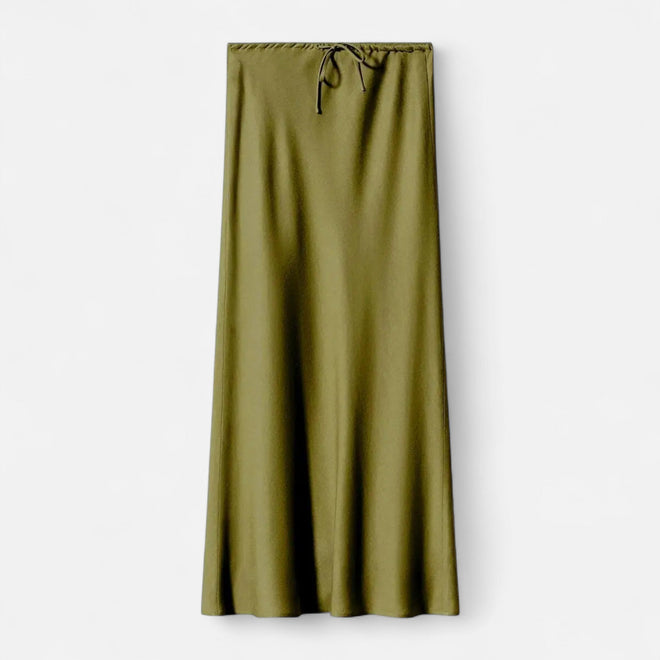 Saia de Cetim Elegante de Cintura Alta para Mulheres Verde Oliva