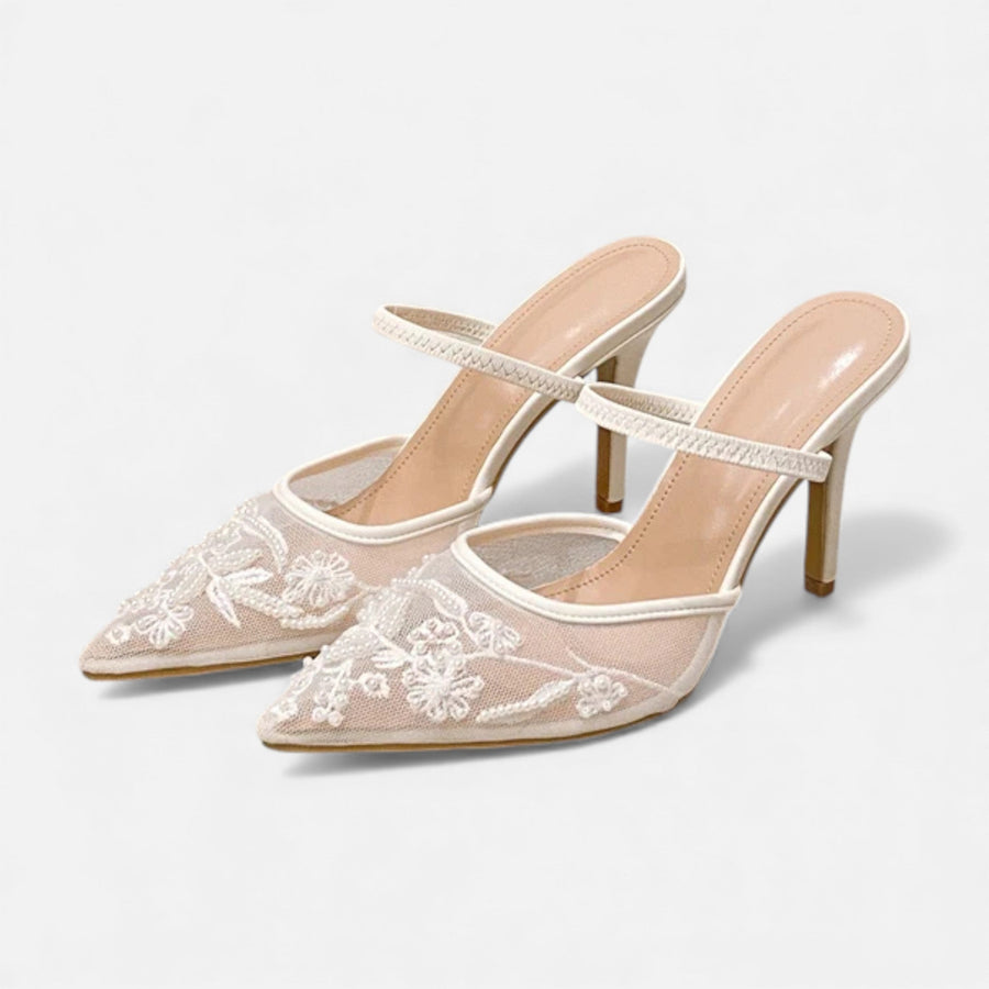 Saltos Designer de Malha Bordada para Mulheres Bege