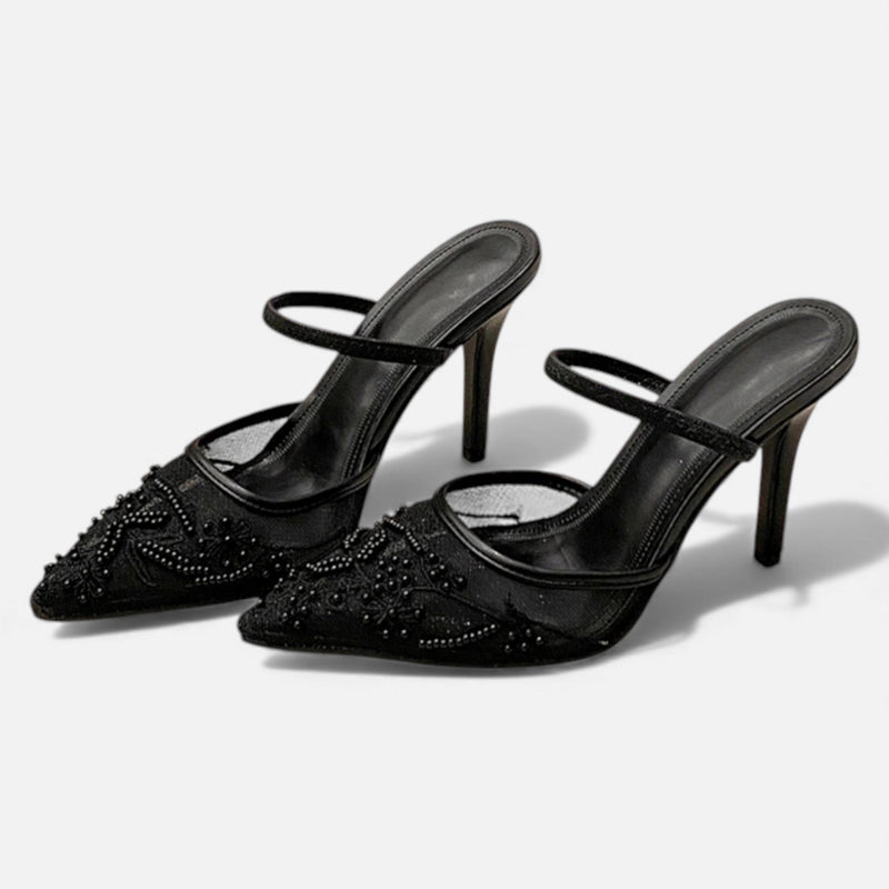 Saltos Designer de Malha Bordada para Mulheres Preto