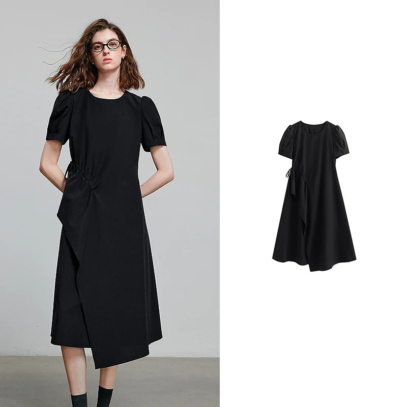 Vestido Midi com Amarração e Manga Curta Black