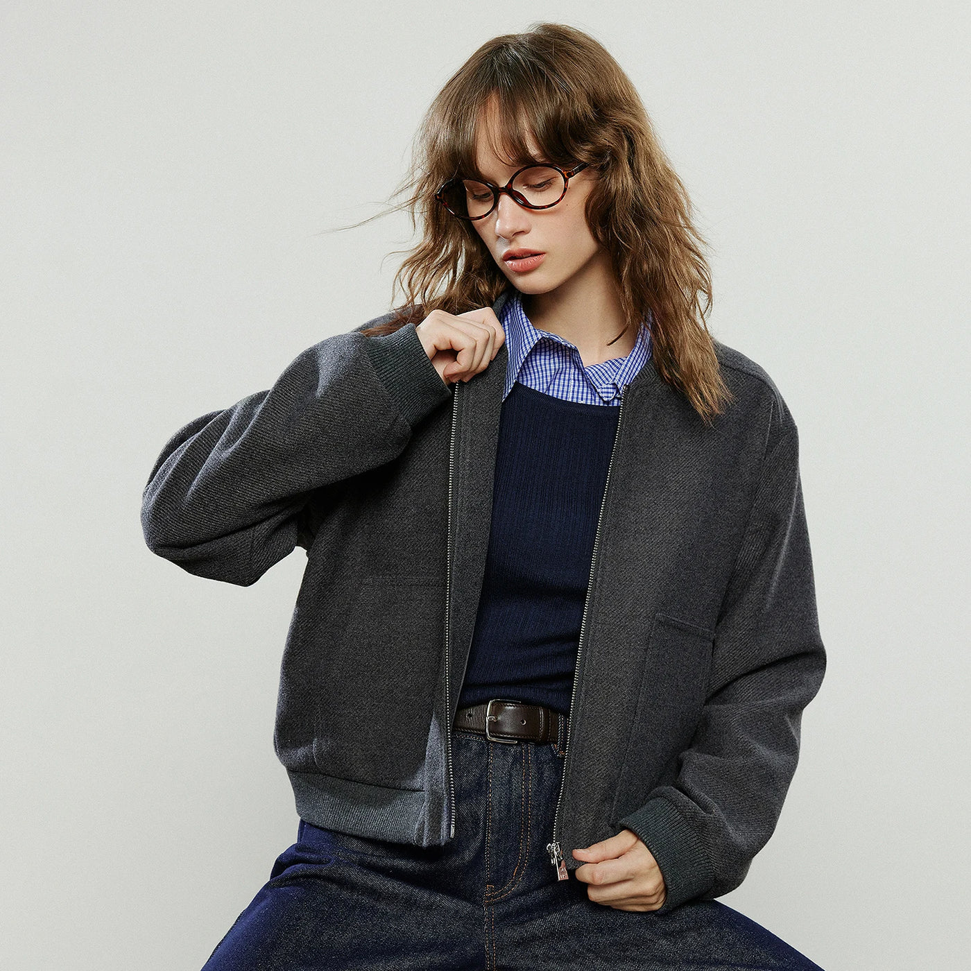 Jaqueta Bomber Feminina de Lã Cinza