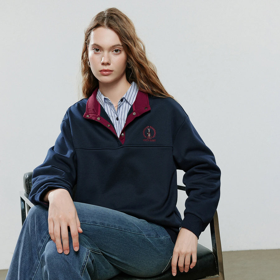 TOYOUTH Women Hoodies Sweatshirt 2025 Winter New Contrast Color Snap Button Stand Collar Rabbit Embroidery Warm Loose Tops