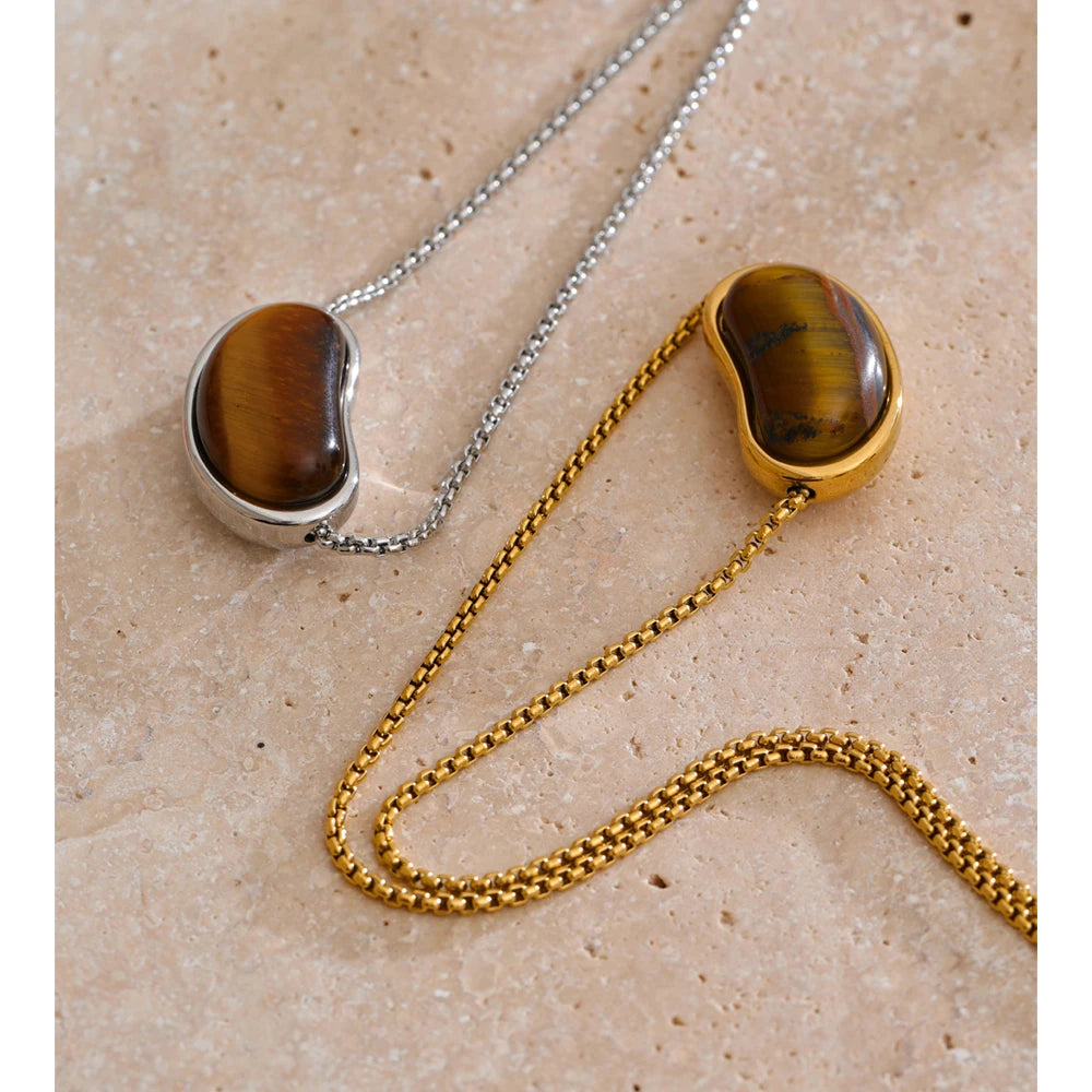 Yhpup Natural Tiger Stone Oval Pendant Necklace ( chain crossing pendant ) Stainless Steel Collar Jewelry Waterproof Wholesale