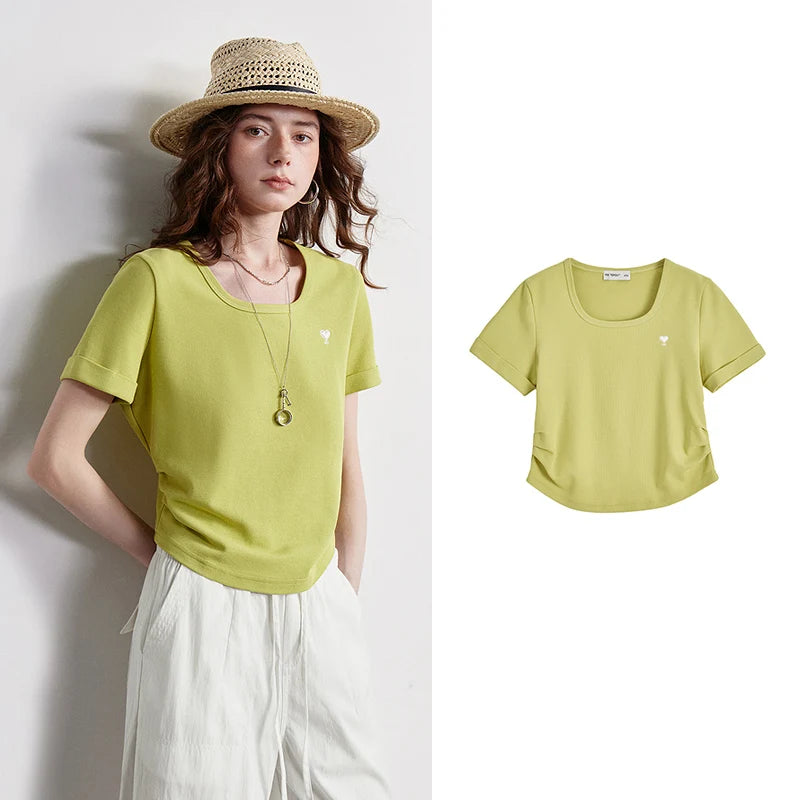 Camiseta Feminina Cropped Piquet com Decote Quadrado