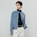Jaqueta Feminina de Suede Azul Claro com Gola Alta
