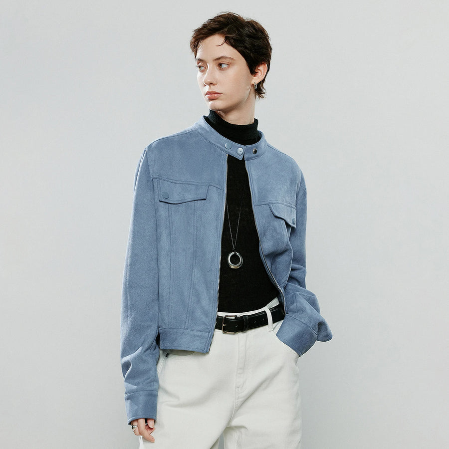 Jaqueta Feminina de Suede Azul Claro com Gola Alta