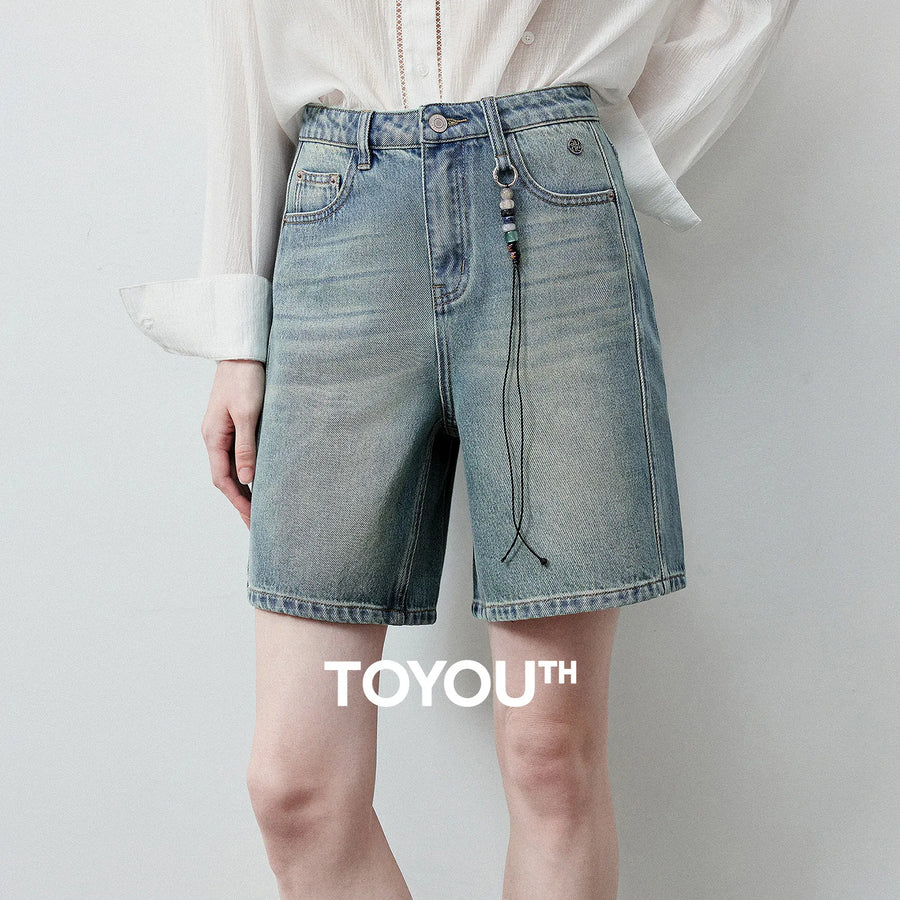 Shorts Jeans Feminino Wide Leg 100% Algodão com Pingente