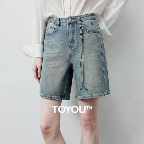 Shorts Jeans Feminino Wide Leg 100% Algodão com Pingente