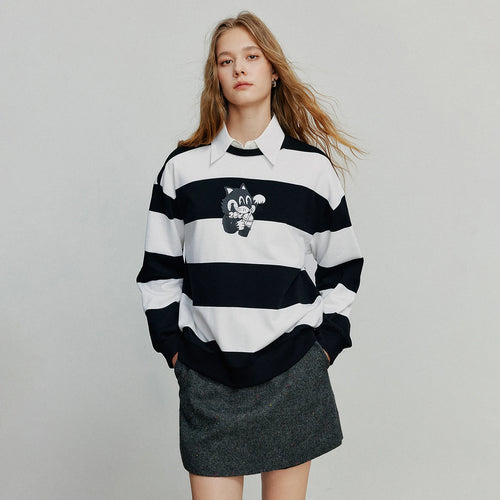 Moletom Feminino Listrado Preto e Branco com Estampa Cartoon