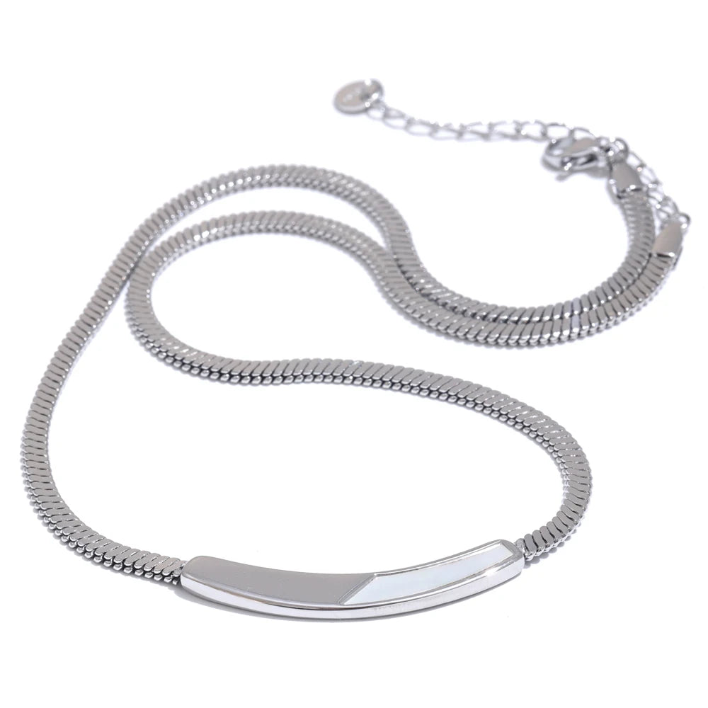 Yhpup Exquisite Chain Stainless Steel Natural Shell Collar Necklace Tarnish Resistant 18K PVD Plated Stylish Daily Jewelry Gift YH4142A Platinum