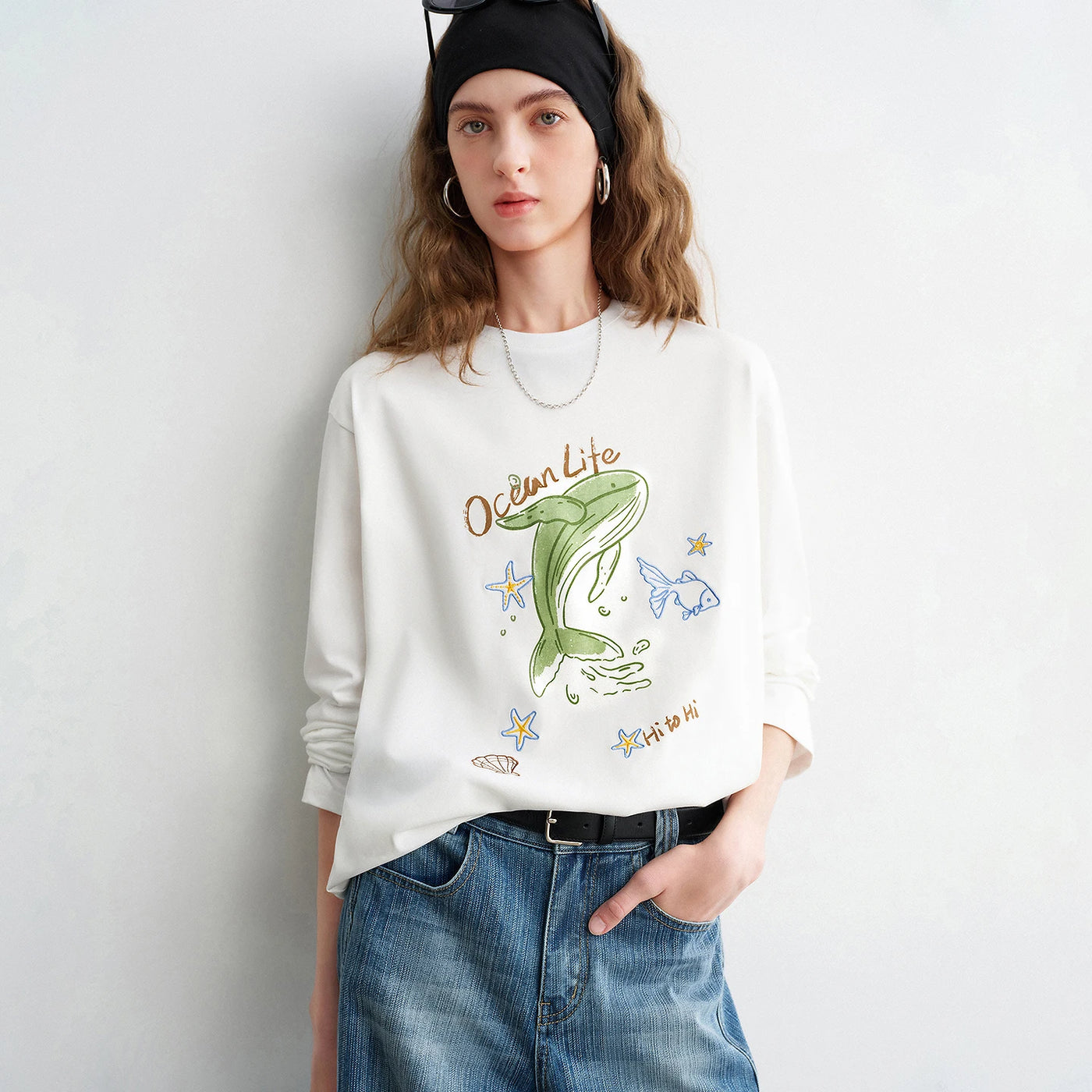 Blusa Feminina de Algodão Manga Longa com Estampa Golfinho