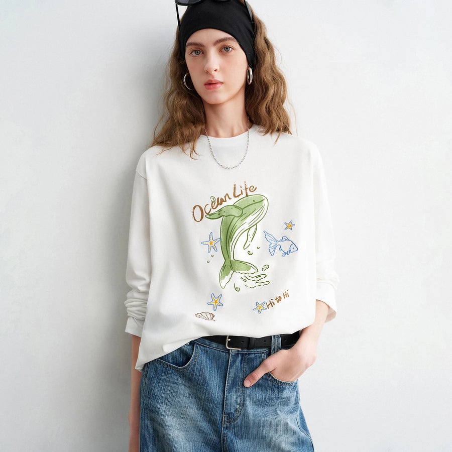 Blusa Feminina de Algodão Manga Longa com Estampa Golfinho