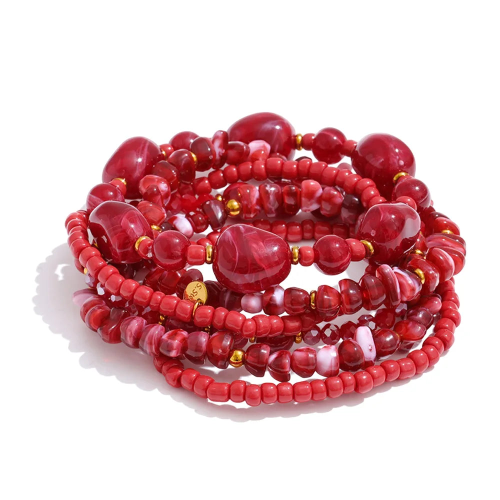 Yhpup Waterproof 2025 Handmade Beads Bohemia Jewelry Autumn Winter Stainless Steel Layered Resin Chain Bib Statement Necklace Bracelet Dark Red