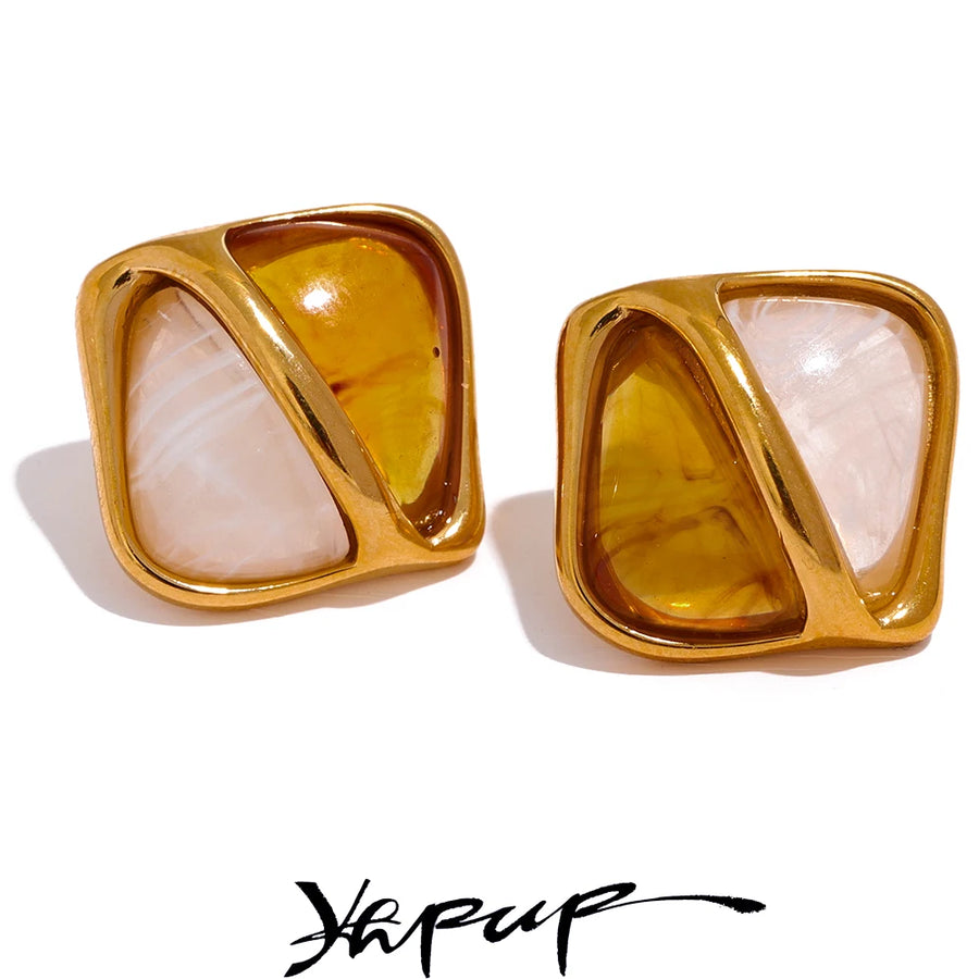 Yhpup Stainless Steel Caramel Resin Square Stud Earrings Statement Metal Waterproof Vintage Stylish France Jewelry Bijoux Femme