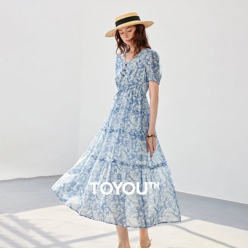 Vestido Longo de Chiffon Floral com Decote V