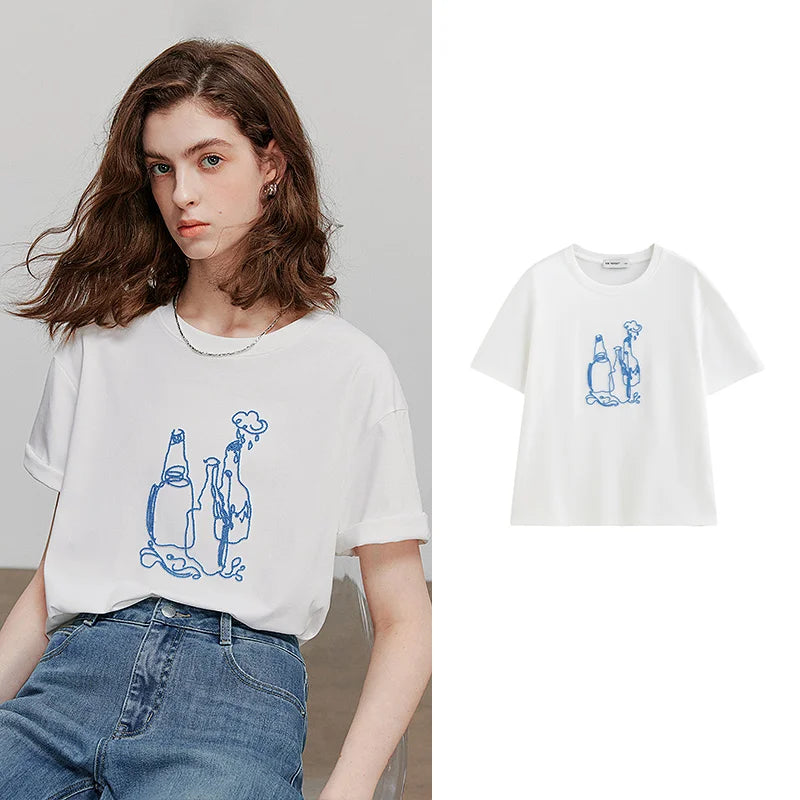 Camiseta Feminina Casual com Bordado Cartoon