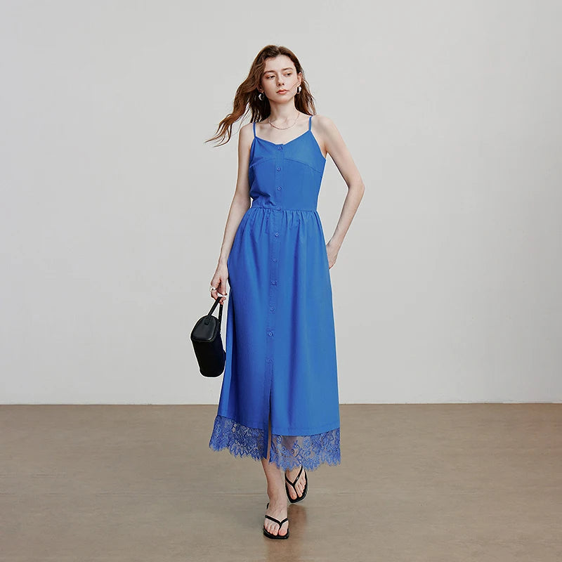 Vestido Midi de Liocel com Alças e Detalhe de Renda