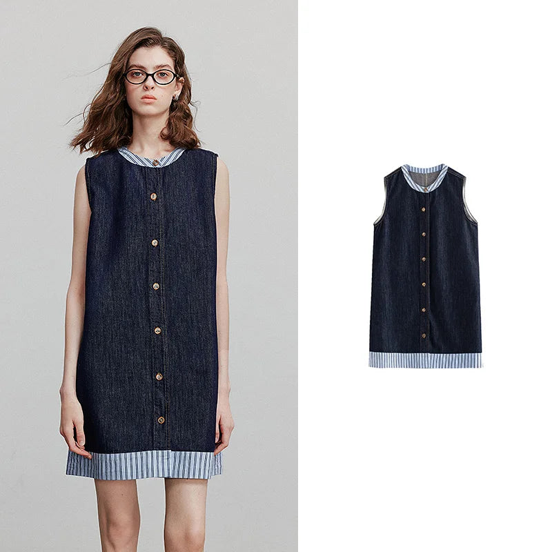 Vestido Curto sem Manga com Recortes Dark Blue