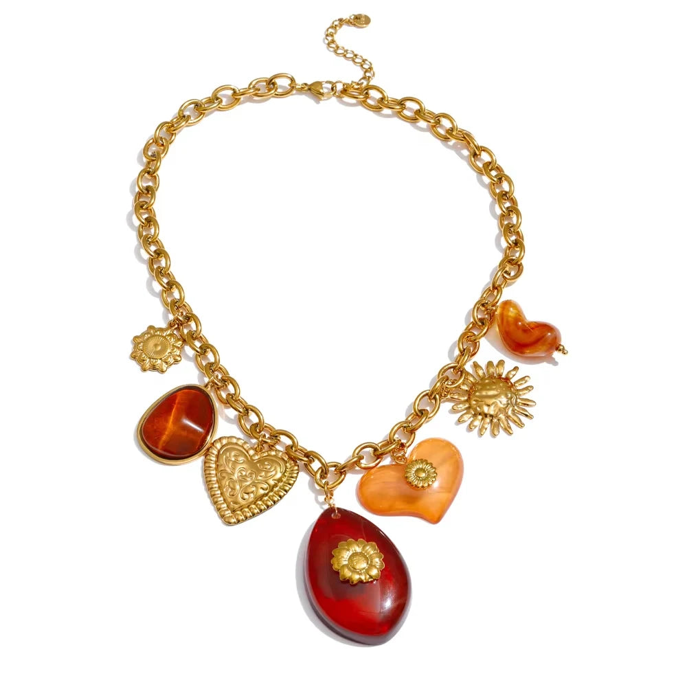 Yhpup Fashion Acrylic Resin Cherry Flower Heart Sun Pendant Charms Necklace Stainless Steel Golden Handmade Jewelry Gift YH3593A