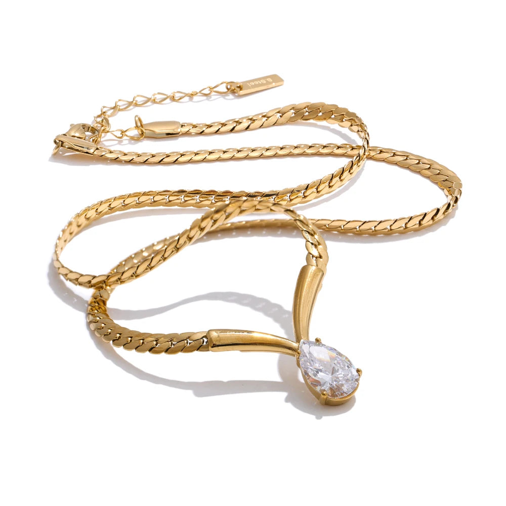 Colar Feminino Gota com Zircônia em Aço Inoxidável 10 Ouro