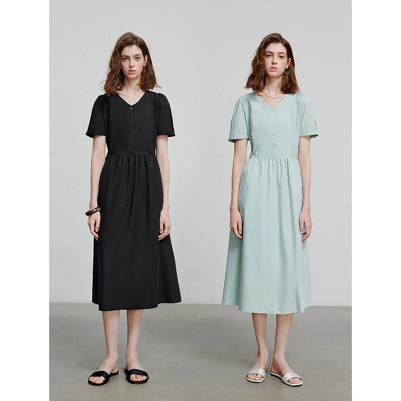 Vestido Midi com Decote V e Manga Bufante Verde