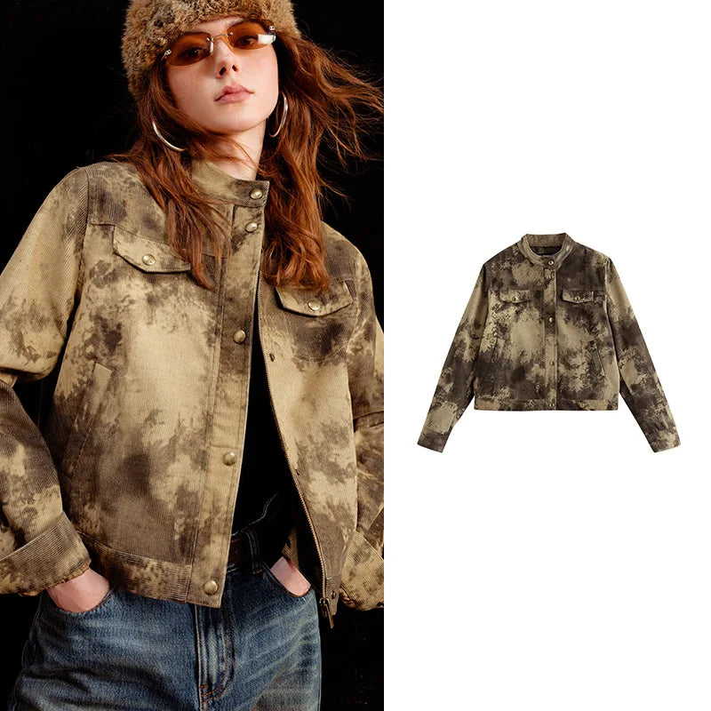 Jaqueta Feminina de Cotelê Tie Dye com Gola Alta Khaki