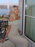 Green Off Shoulder Floral Long Dress Sexy Women's Mesh Strapless Dresses Summer Evening Wedding Guest Cocktail White Holiday New