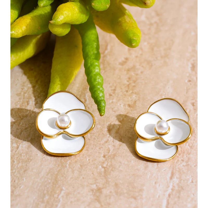 Brinco Flor Esmaltado Aço Inoxidável Ouro