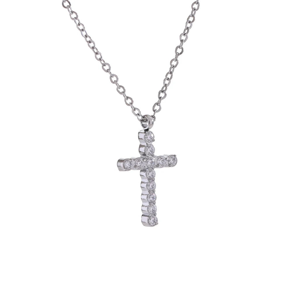 Yhpup Delicate Shiny Cubic Zirconia 316L Cross Pendant Necklace for Women Stainless Steel High Quality Jewelry Water Resistant YH3651A Platinum